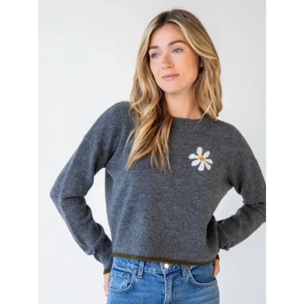 Natural Life Intarsia Icon Sweater M Charcoal Daisy Boxy Pullover Crew Neck Cozy - Picture 1 of 10